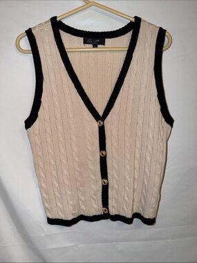 On 12th Cable Knit Button Vest in Cream with Black Trim